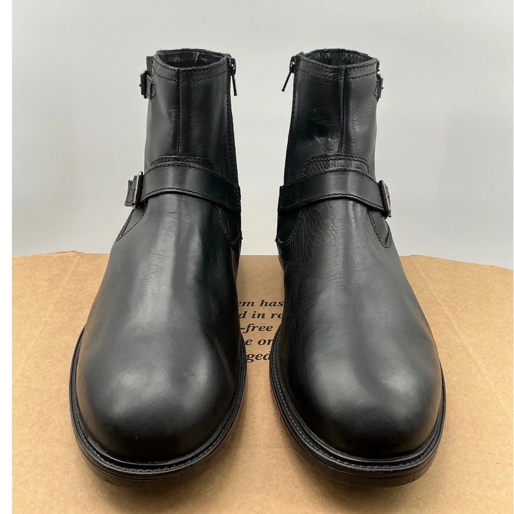 Steve Madden Mens Black Leather Harness Ankle Boots Side Zip Buckle Detail